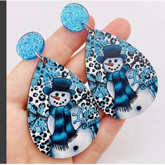 Wooden Water Drop Earrings ￼Snowman Blue & White - Picture 2 of 3